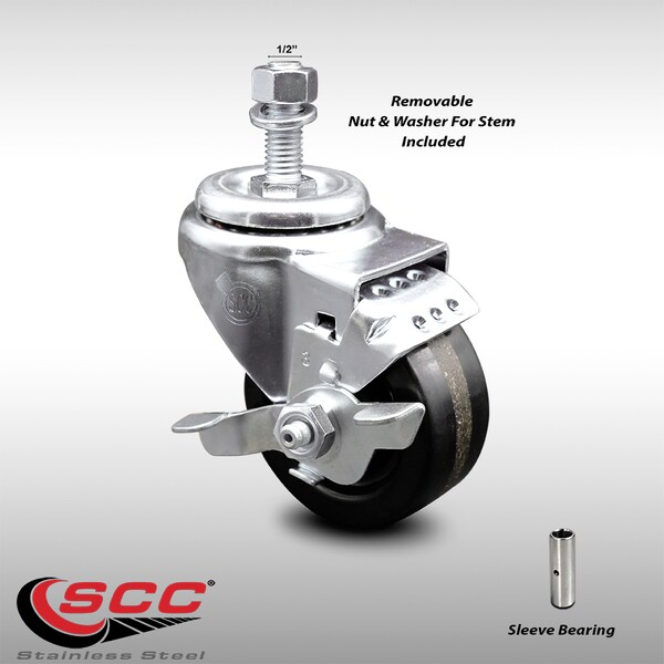 3 Inch SS Phenolic Wheel Swivel 1/2 Inch Threaded Stem Caster with Brake SCC